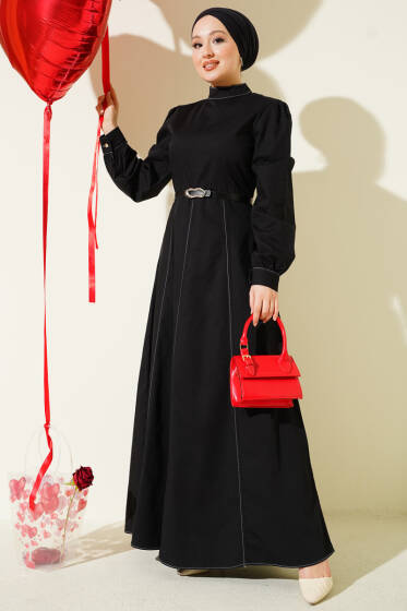 Kemerli Kot Görünümlü Kloş Elbise Siyah - Elbise