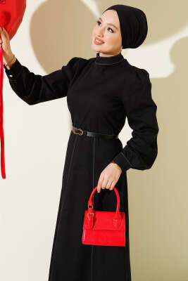 Kemerli Kot Görünümlü Kloş Elbise Siyah - Elbise