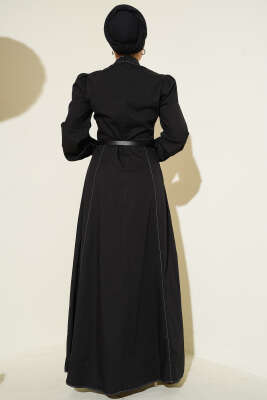 Kemerli Kot Görünümlü Kloş Elbise Siyah - Elbise