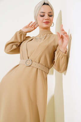 Kemerli Krep Elbise Bej