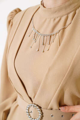 Kemerli Krep Elbise Bej - Tesettür Elbise