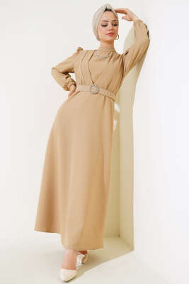 Kemerli Krep Elbise Bej - Tesettür Elbise