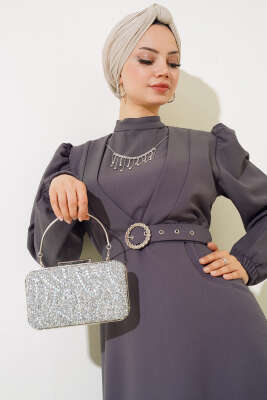 Kemerli Krep Elbise Füme - Tesettür Elbise