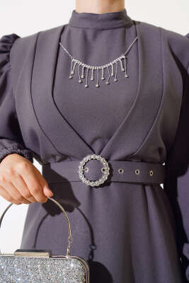 Kemerli Krep Elbise Füme - Tesettür Elbise