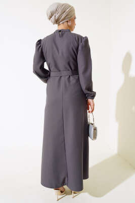 Kemerli Krep Elbise Füme - Tesettür Elbise