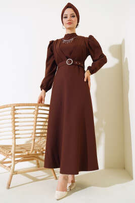 Kemerli Krep Elbise Kahve 