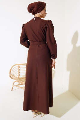 Kemerli Krep Elbise Kahve - Tesettür Elbise