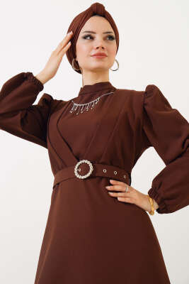 Kemerli Krep Elbise Kahve - Tesettür Elbise