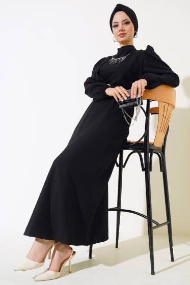 Kemerli Krep Elbise Siyah - Elbise