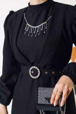 Kemerli Krep Elbise Siyah - Tesettür Elbise