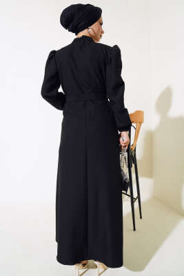 Kemerli Krep Elbise Siyah - Tesettür Elbise