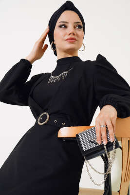 Kemerli Krep Elbise Siyah - Tesettür Elbise