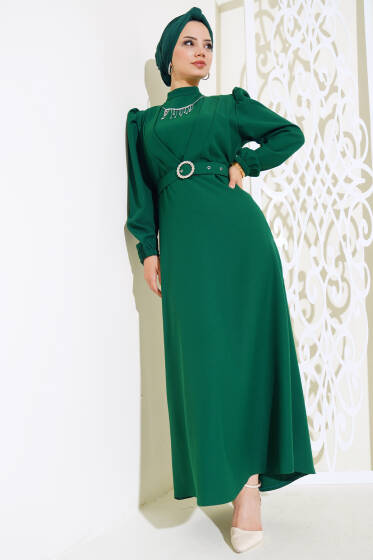 Kemerli Krep Elbise Zümrüt - Elbise