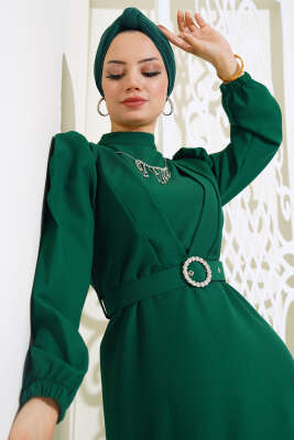 Kemerli Krep Elbise Zümrüt - Tesettür Elbise