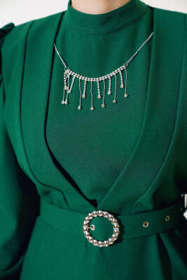 Kemerli Krep Elbise Zümrüt - Tesettür Elbise