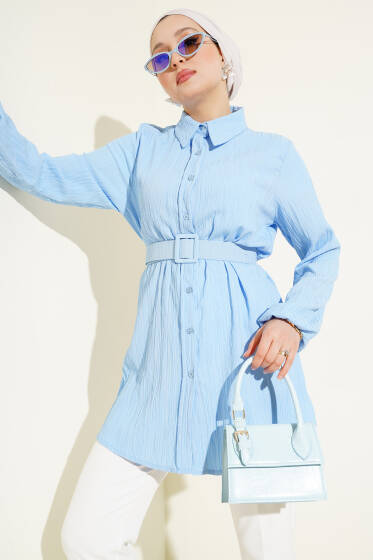 Kemerli Krinkıl Gömlek Bebe Mavi - Gömlek