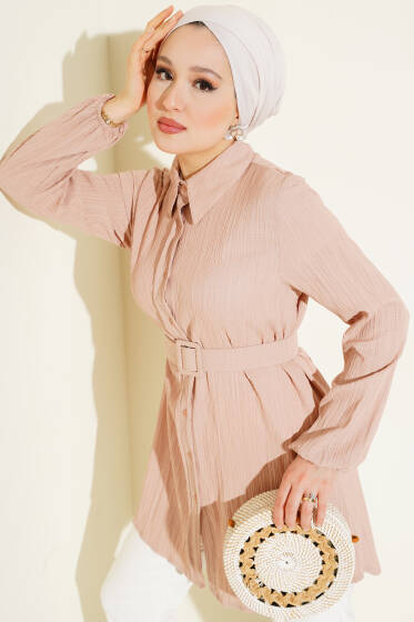 Kemerli Krinkıl Gömlek Bej - Gömlek