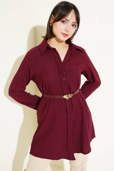 Kemerli Krinkıl Gömlek Bordo - Gömlek
