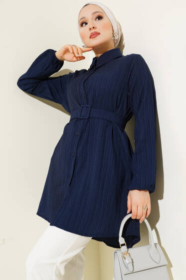 Kemerli Krinkıl Gömlek Lacivert - Gömlek