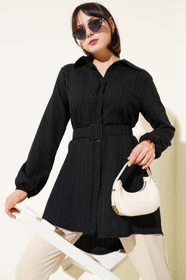 Kemerli Krinkıl Gömlek Siyah - Gömlek