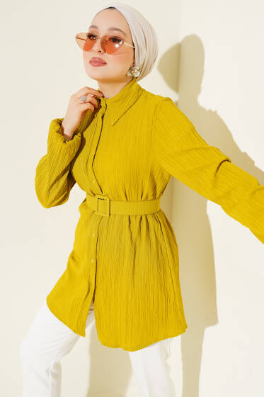 Kemerli Krinkıl Gömlek Yağ Yeşili - Gömlek