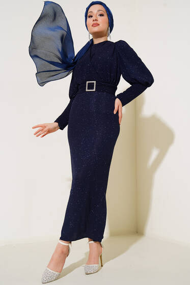 Kemerli Kruvaze Simli Abiye Lacivert - Tesettür Elbise