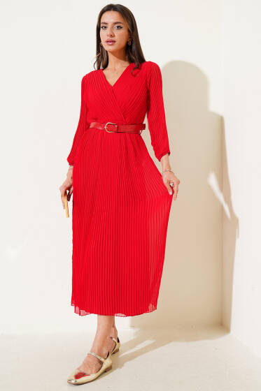 Kemerli Kruvaze Yaka Pileli Midi Elbise Kırmızı - Kadın Giyim Modelleri