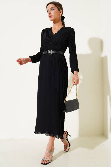 Kemerli Kruvaze Yaka Pileli Midi Elbise Siyah - Kadın Giyim Modelleri