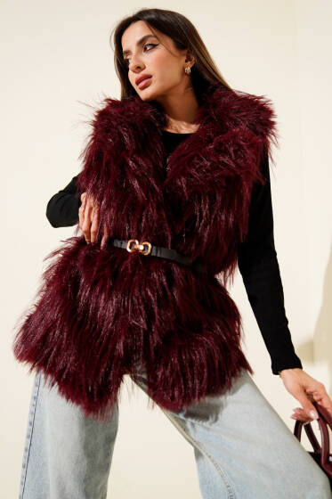 Kemerli Kürklü Lolita Yelek Bordo - Kadın Giyim Modelleri