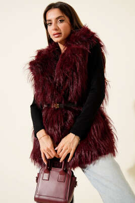 Kemerli Kürklü Lolita Yelek Bordo - Kadın Giyim Modelleri