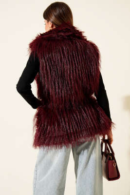 Kemerli Kürklü Lolita Yelek Bordo - Kadın Giyim Modelleri