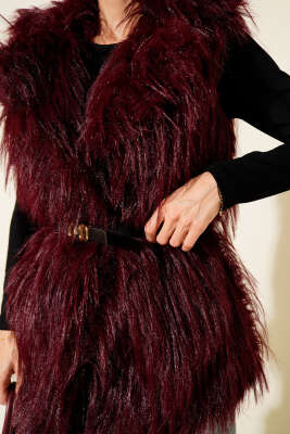 Kemerli Kürklü Lolita Yelek Bordo - Kadın Giyim Modelleri