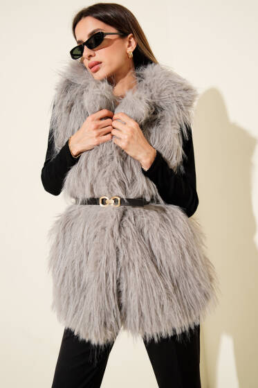 Kemerli Kürklü Lolita Yelek Gri - Kadın Giyim Modelleri