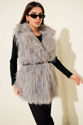 Kemerli Kürklü Lolita Yelek Gri - Kadın Giyim Modelleri