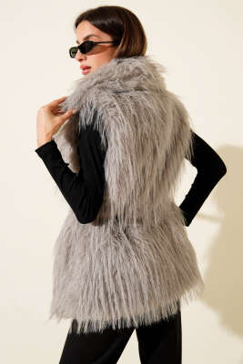 Kemerli Kürklü Lolita Yelek Gri - Kadın Giyim Modelleri