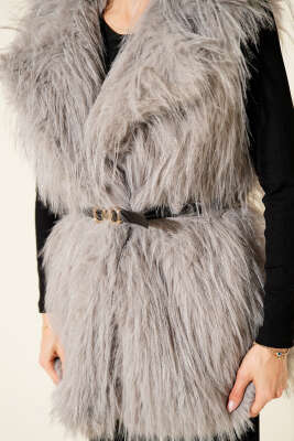 Kemerli Kürklü Lolita Yelek Gri - Kadın Giyim Modelleri