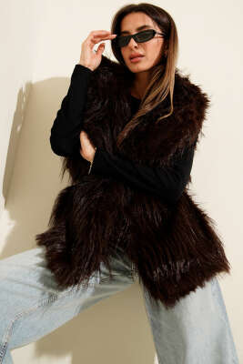 Kemerli Kürklü Lolita Yelek Kahve - Kadın Giyim Modelleri