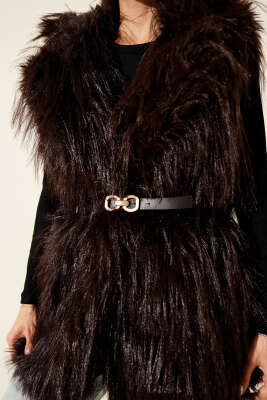 Kemerli Kürklü Lolita Yelek Kahve - Kadın Giyim Modelleri