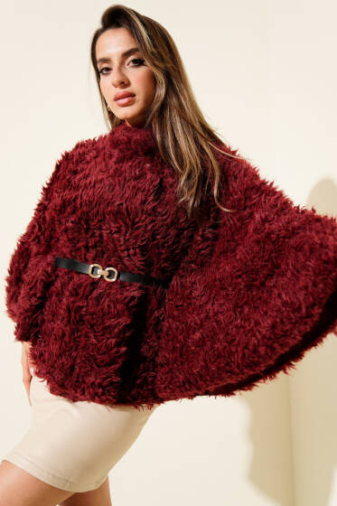 Kemerli Kuzu Panço Bordo - Kadın Giyim Modelleri