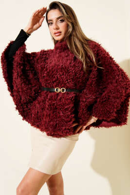 Kemerli Kuzu Panço Bordo - Kadın Giyim Modelleri