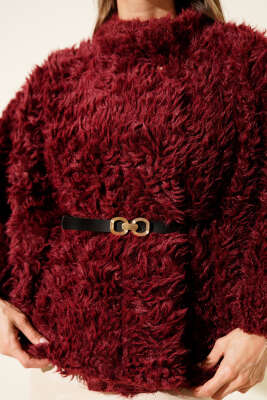 Kemerli Kuzu Panço Bordo - Kadın Giyim Modelleri