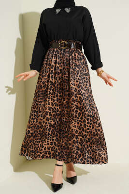 Kemerli Leopar Desen Saten Etek Leopar - ESTELLE