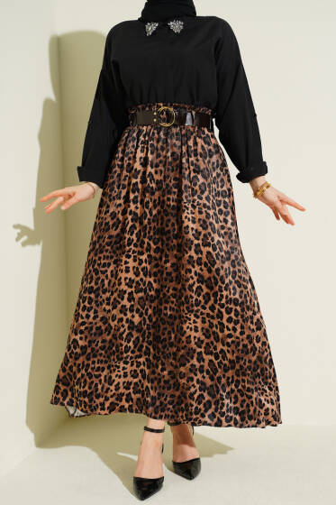 Kemerli Leopar Desen Saten Etek Leopar - Etek