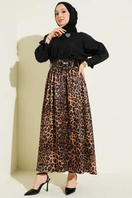 Kemerli Leopar Desen Saten Etek Leopar - Etek