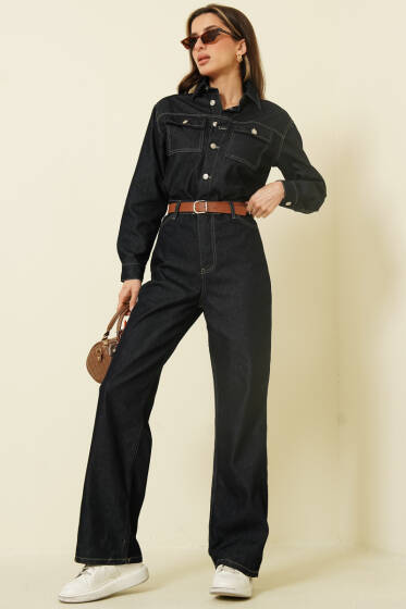 Kemerli Metal Düğmeli Kot Tulum Lacivert - Kadın Giyim Modelleri