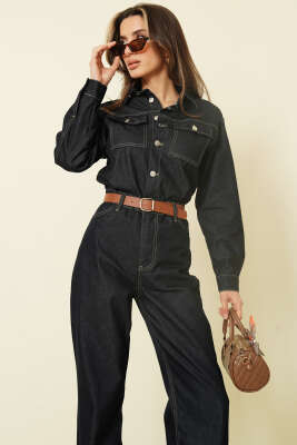 Kemerli Metal Düğmeli Kot Tulum Lacivert - Kadın Giyim Modelleri