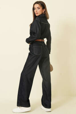 Kemerli Metal Düğmeli Kot Tulum Lacivert - Kadın Giyim Modelleri