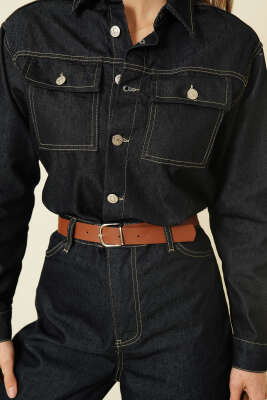 Kemerli Metal Düğmeli Kot Tulum Lacivert - Kadın Giyim Modelleri