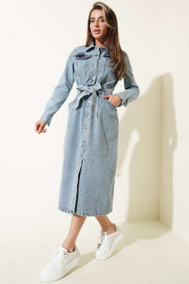 Kemerli Midi Boy Kot Elbise Kot Mavisi - LEVURE