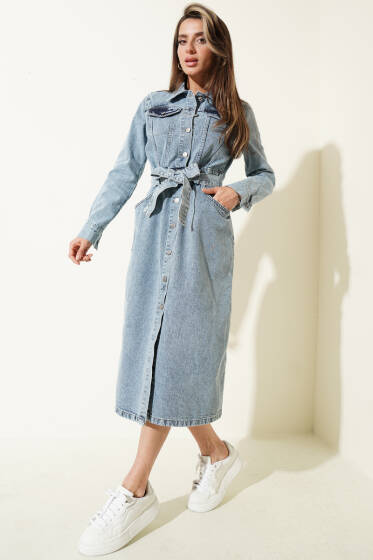 Kemerli Midi Boy Kot Elbise Kot Mavisi - Kadın Giyim Modelleri